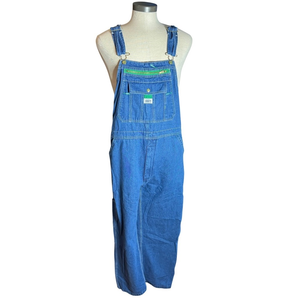 Liberty Mens Blue Denim Bib Overalls Green Zipper Workwear Carpenter Dungarees